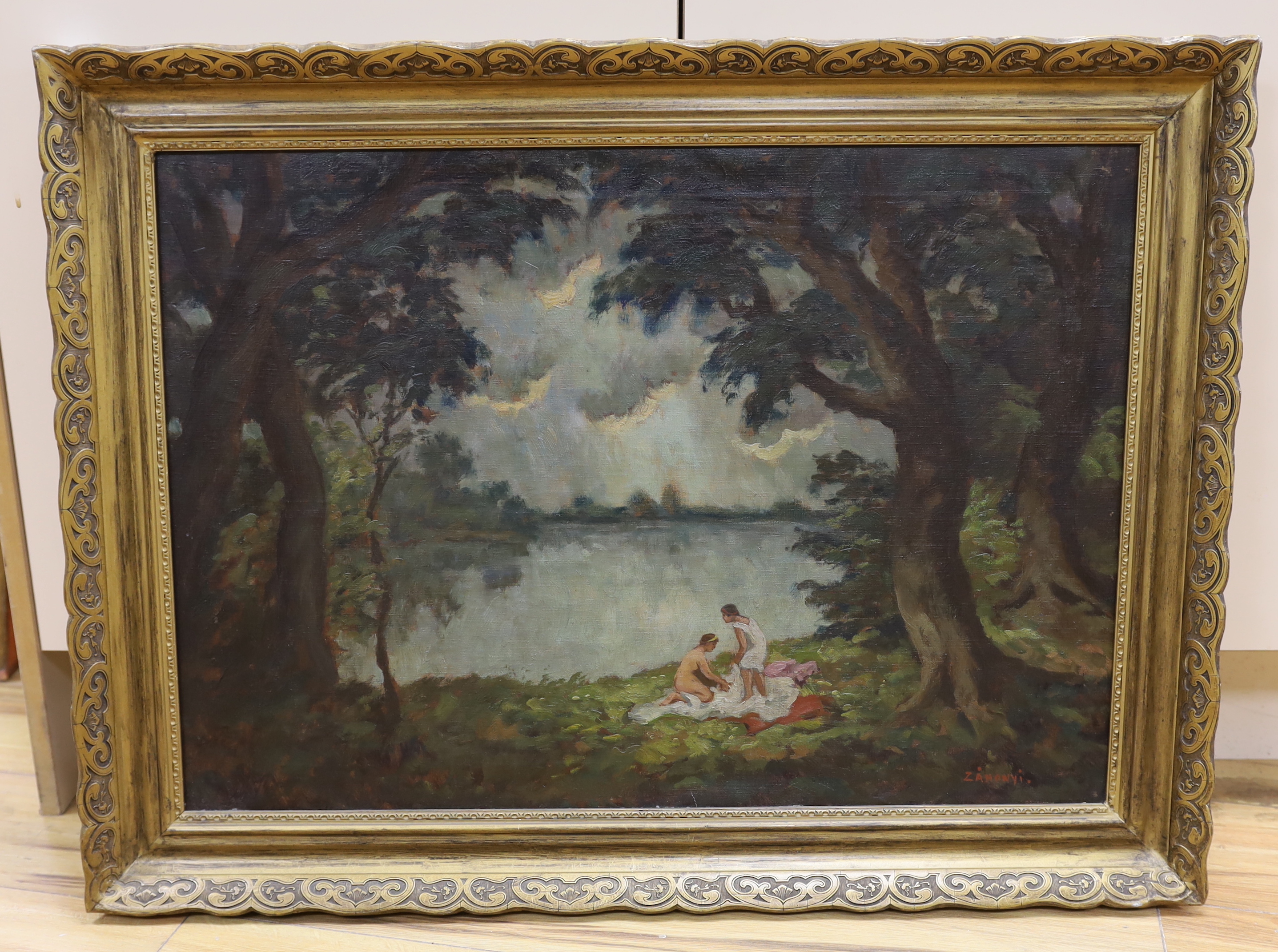 Geza Zahonyi (Hungarian, b.1889), oil on canvas, Bathers by a lake, signed, 48 x 68cm